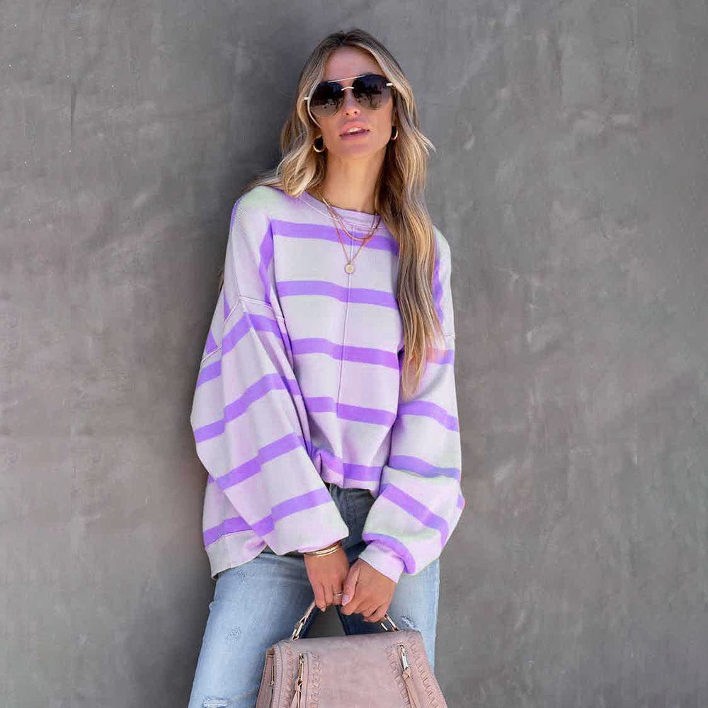 Women's Fashion Striped Printed Long Sleeve Casual Loose Top