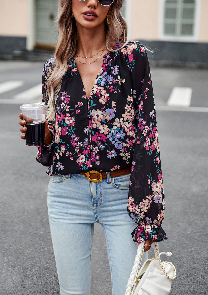 Women's Tops Casual Floral Print V Neck Long Sleeve Shirts