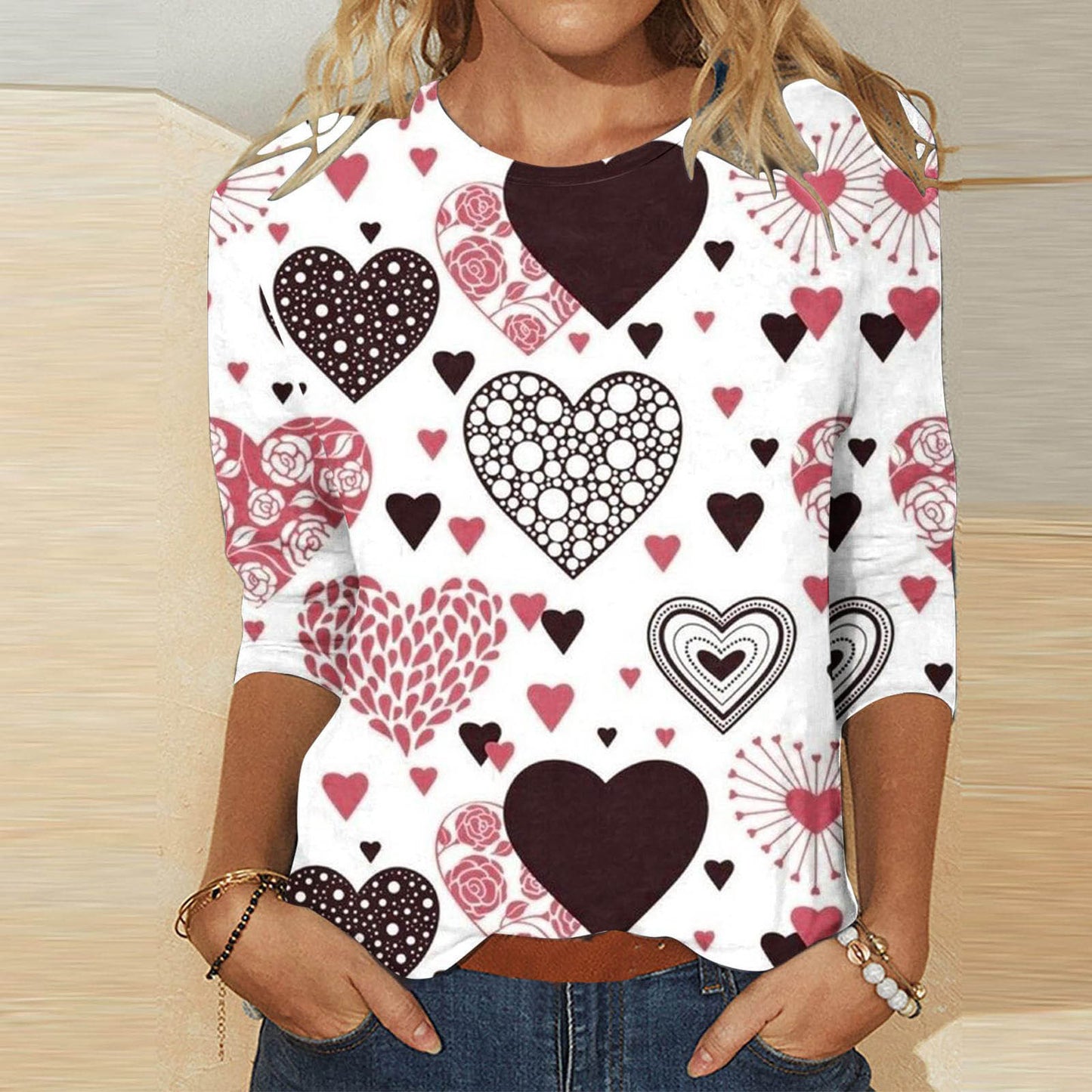 Valentine's Day Female With Hearts Printing Crew Neck T-shirt Top