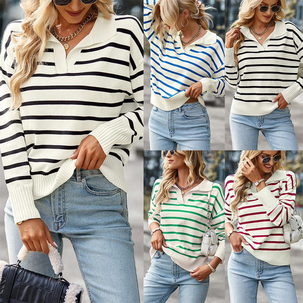 Women Striped Long Sleeve Pullover Sweater Casual Loose