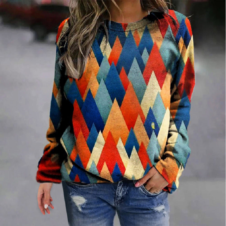 Printed Round Neckline Color Block Casual Loose Sweater