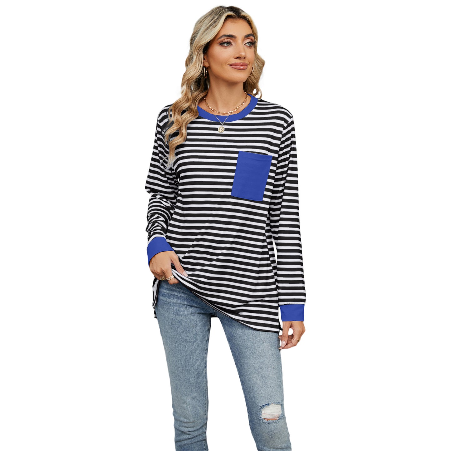 Women's Round Neck Pocket Split Upper Clothes