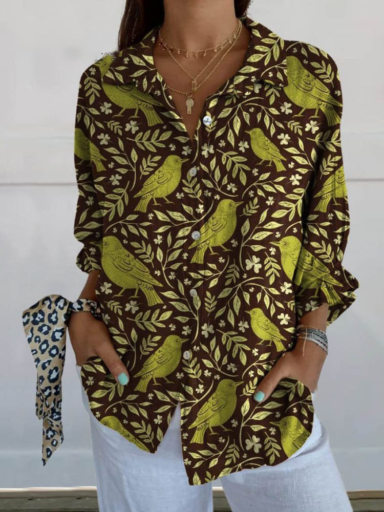 Flowers Print Long Sleeve Shirt Fashion Stand Collar