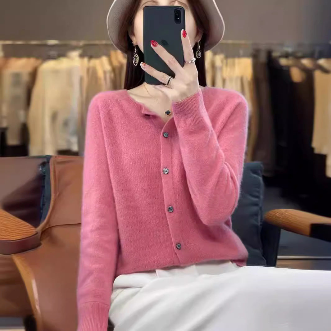Fashion Merino Wool Cardigan Sweater Women O-Neck