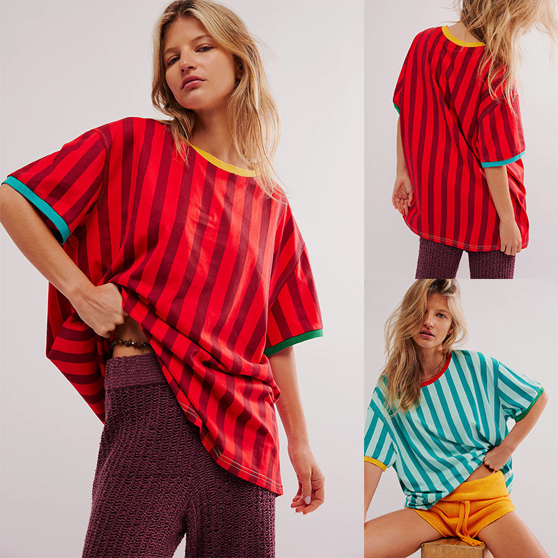Women's Top Striped Contrast Color Casual Short Sleeves