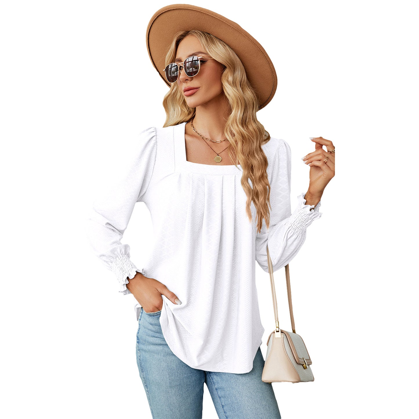 New Jacquard Pleated Square Neck T-shirt Fashion
