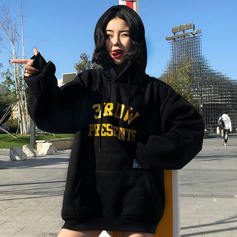 Hooded Sweater Women Long-Sleeved Harajuku Style Student Black Pullover Coat