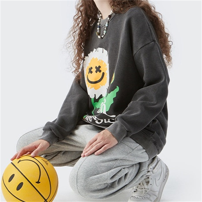 European And American Sunflower Foam Print Plus Velvet Round Neck Sweater