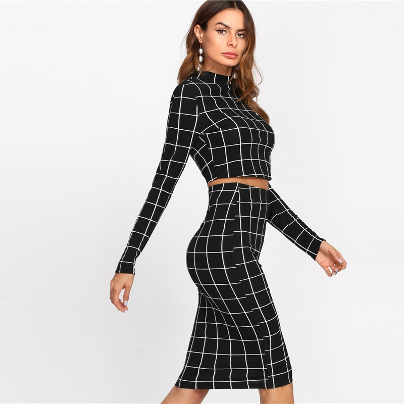 Stand Collar Long Sleeve 2 Piece Set Women Crop Grid Top