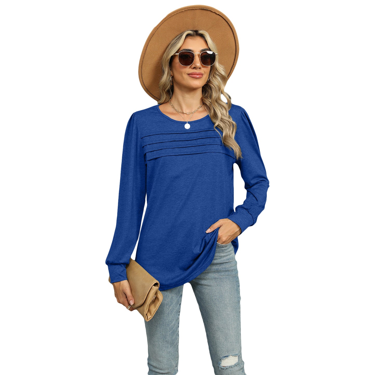 Solid Color U-neck Pleated Long-sleeved Top