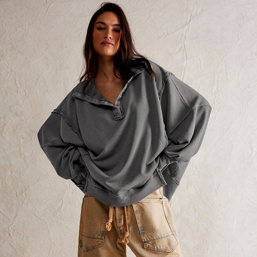 Fashion Button Lapel Sweatshirt With Slit Design Casual Sports