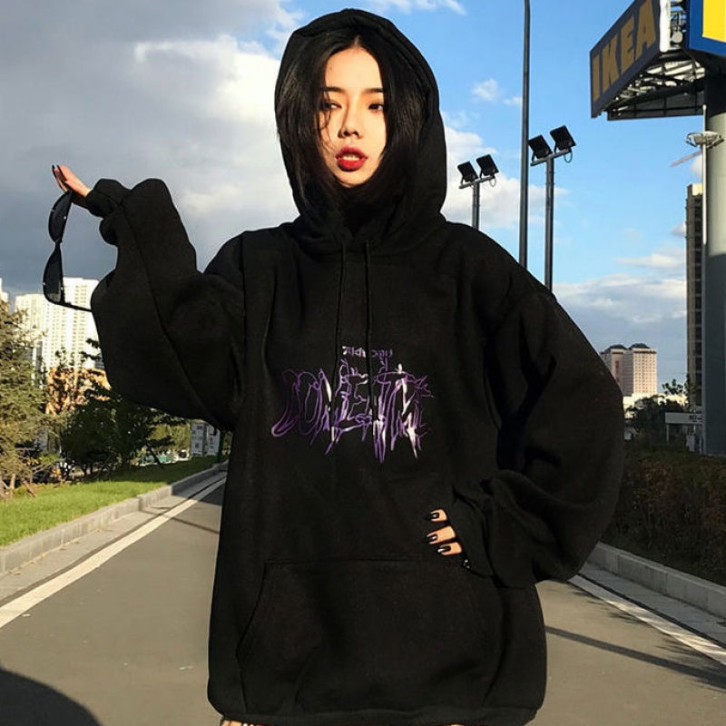 Hooded Sweater Women Long-Sleeved Harajuku Style Student Black Pullover Coat