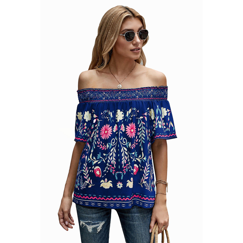 Women's Printed T-shirt Loose Off Shoulder Top