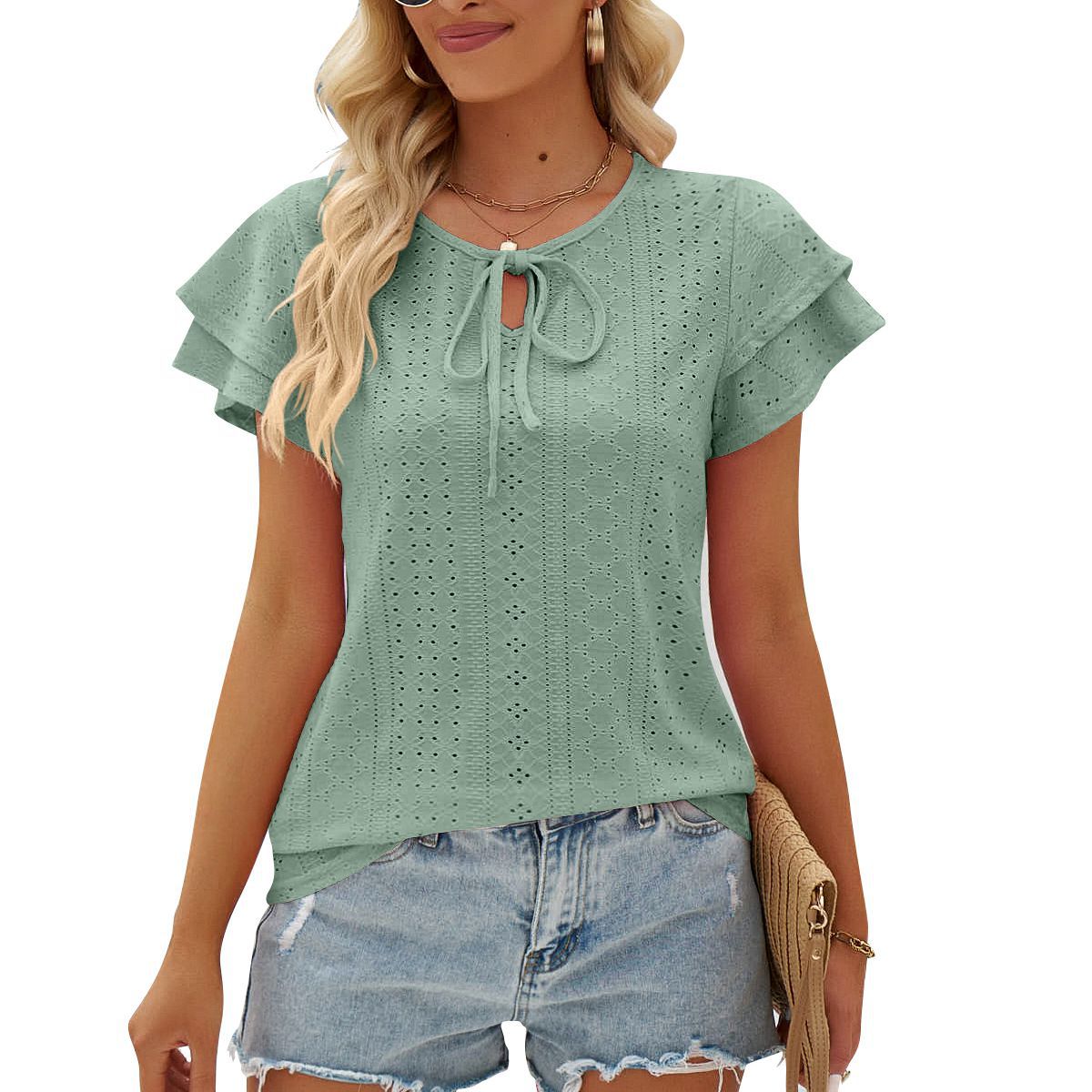 Women's Hole Hollow-out Lace-up Double-layer Sleeve Top