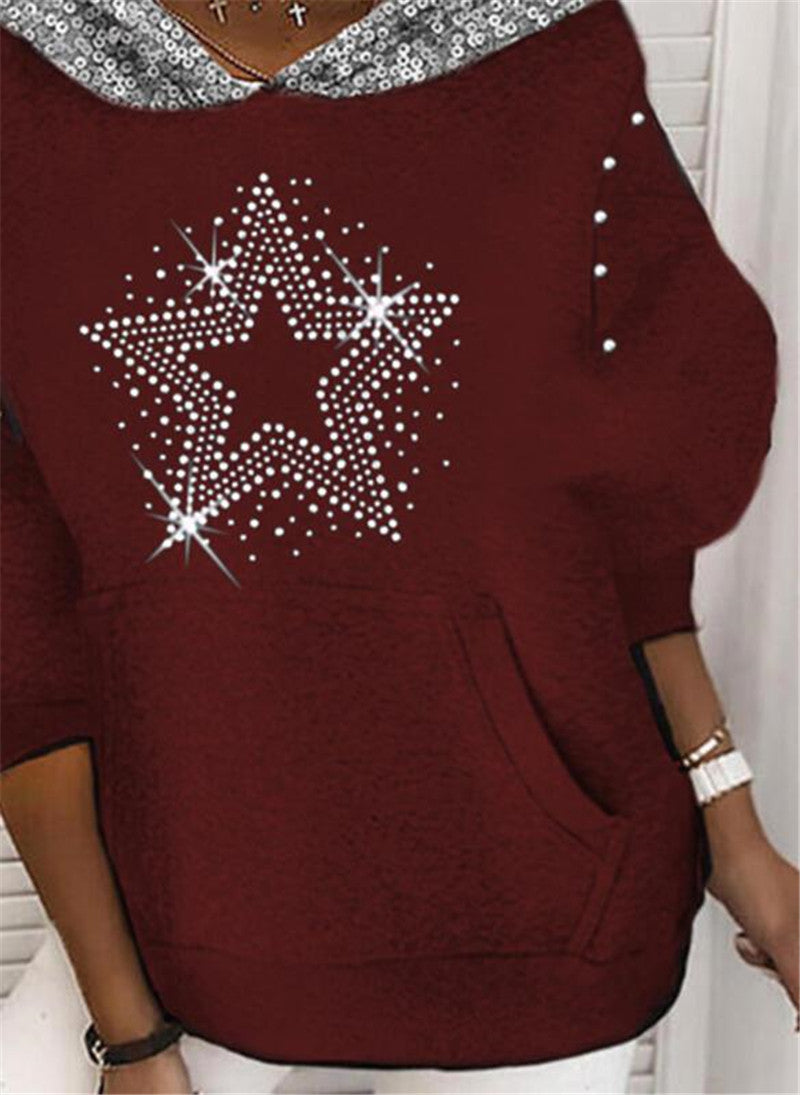 Rhinestone Loose Long Sleeve Sequined Hoodie