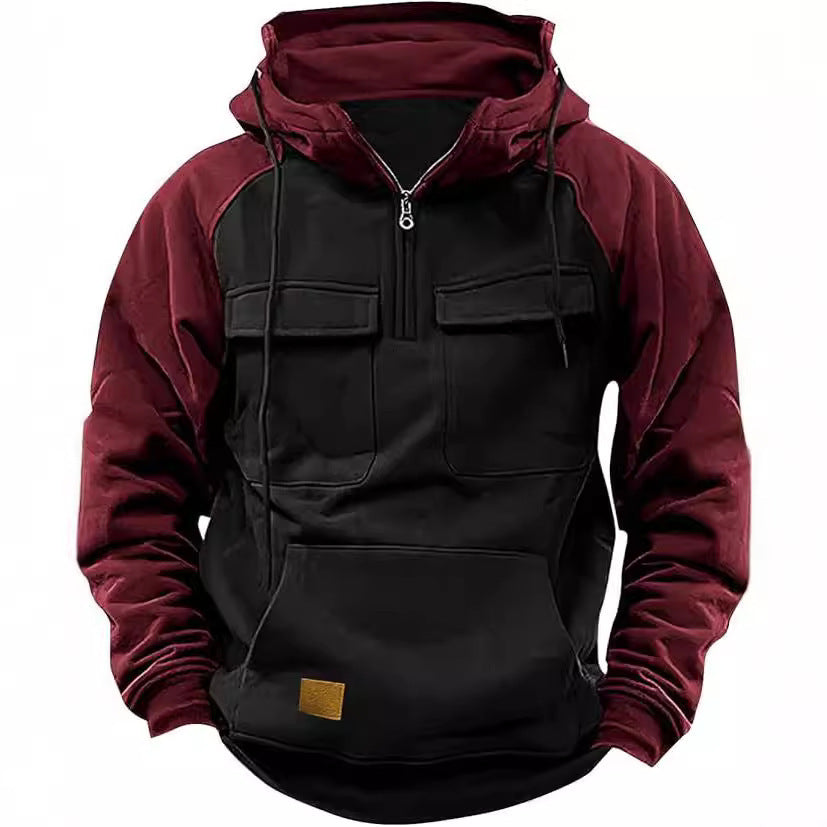 Fall Winter Retro Cargo Hoodies Men's Half Zipper Hooded