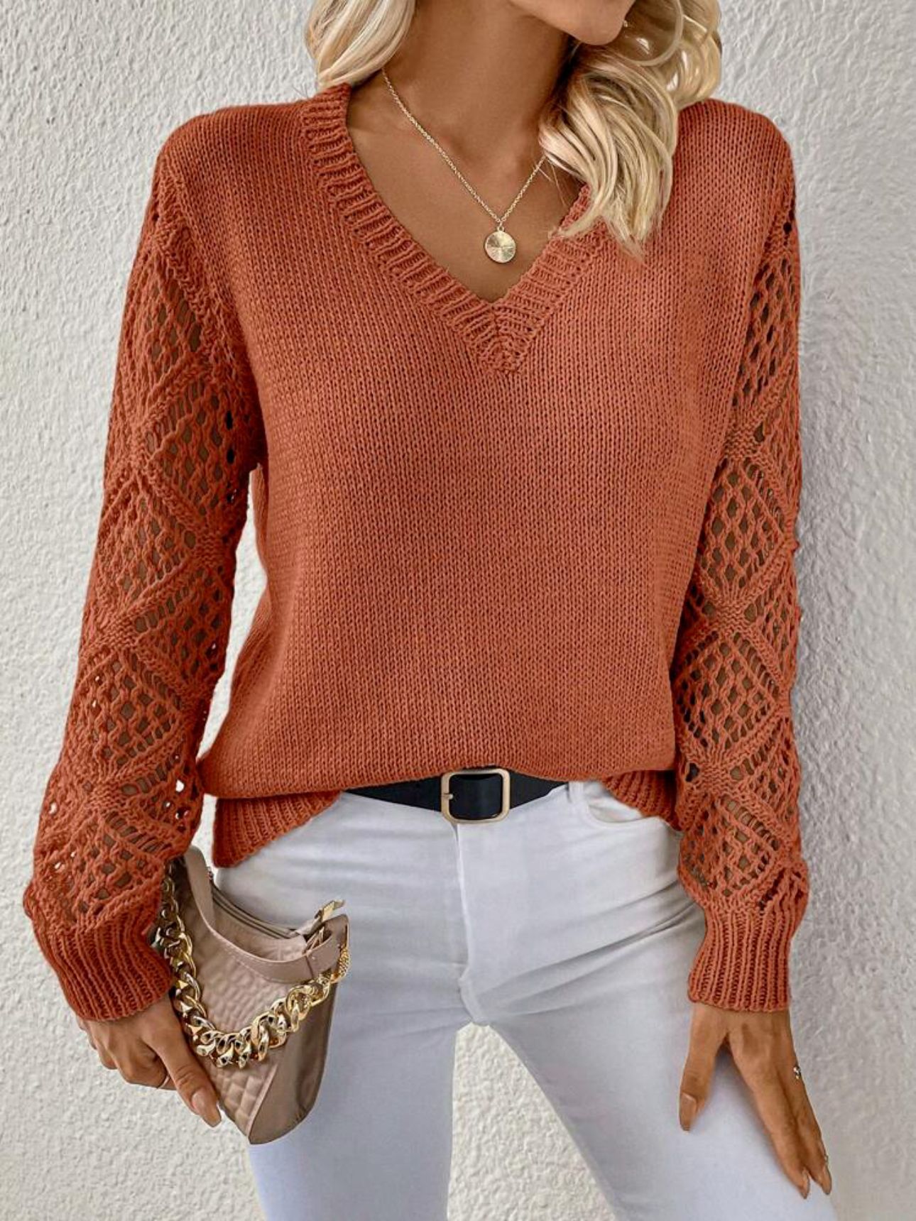 Solid V-neck Pullover Sweater With Hollow Long Sleeve Fashion