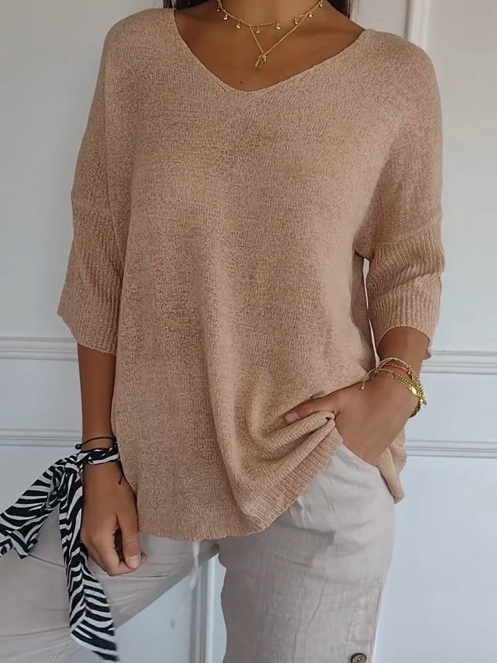 Solid Long Sleeve Sweater Slimming V-neckline Knitwear