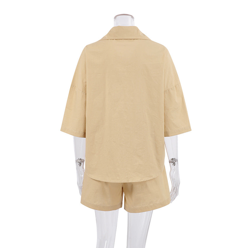 New Cotton And Linen Shirt Pajamas 34 Sleeve Outer Shorts Suit