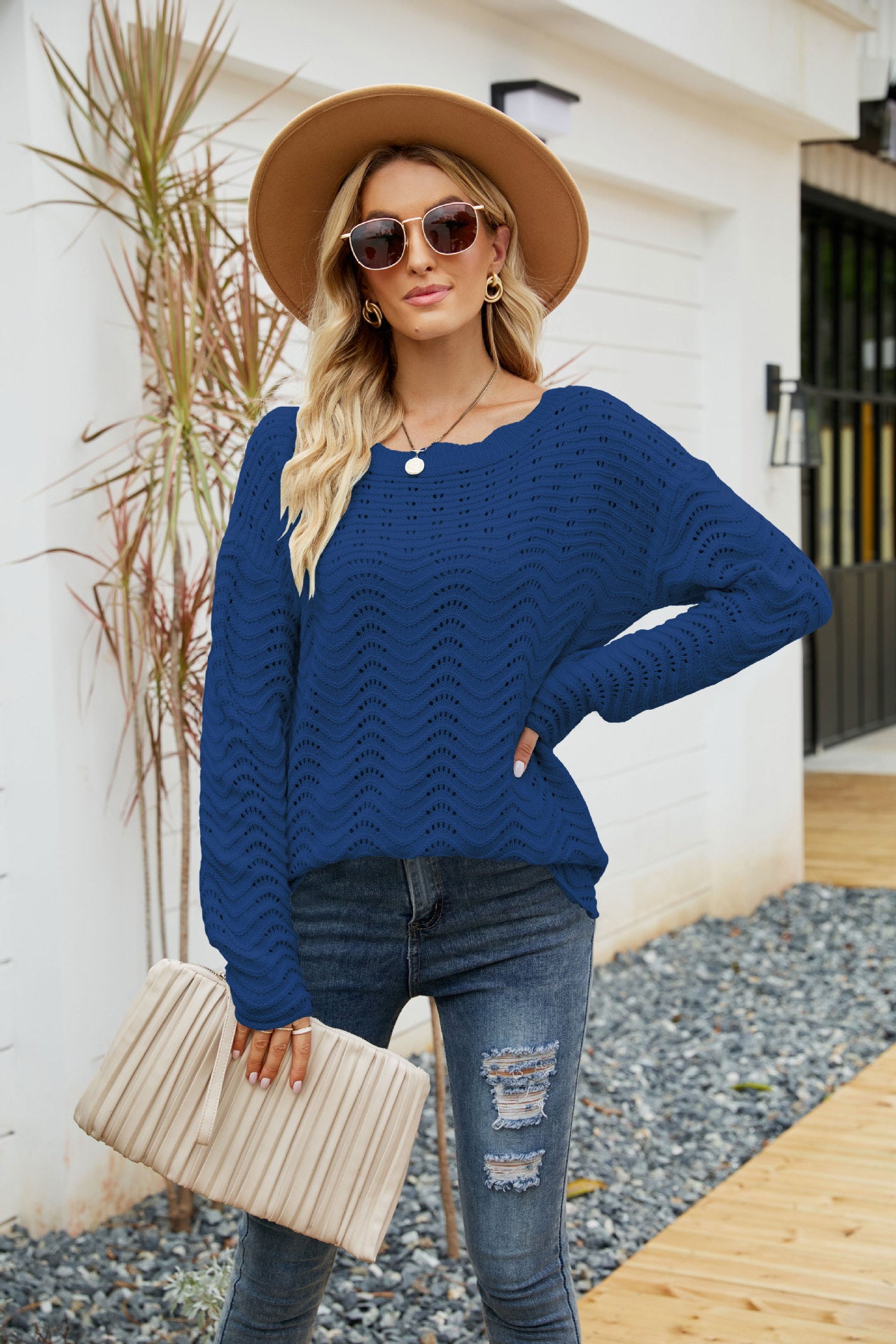Hollow Pullover Lace Knit Word Neck Off Shoulder Sweater