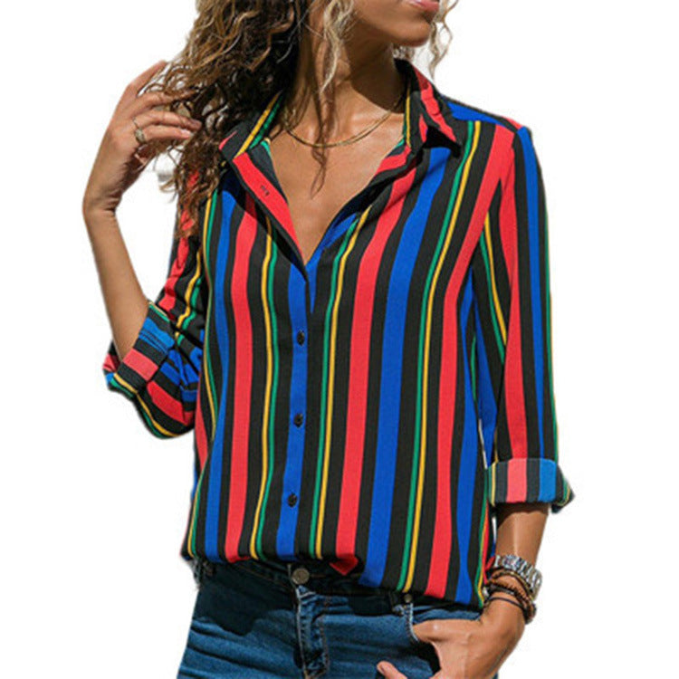 Striped Casual V-Neck Long Sleeve Chiffon Blouse Blouse