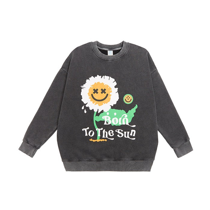 European And American Sunflower Foam Print Plus Velvet Round Neck Sweater
