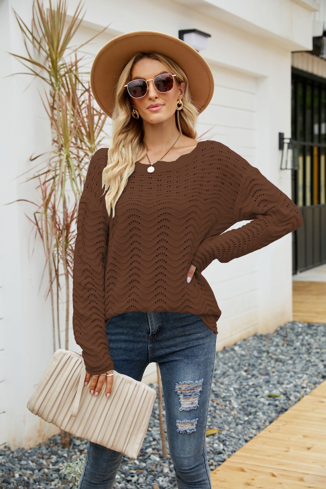 Hollow Pullover Lace Knit Word Neck Off Shoulder Sweater