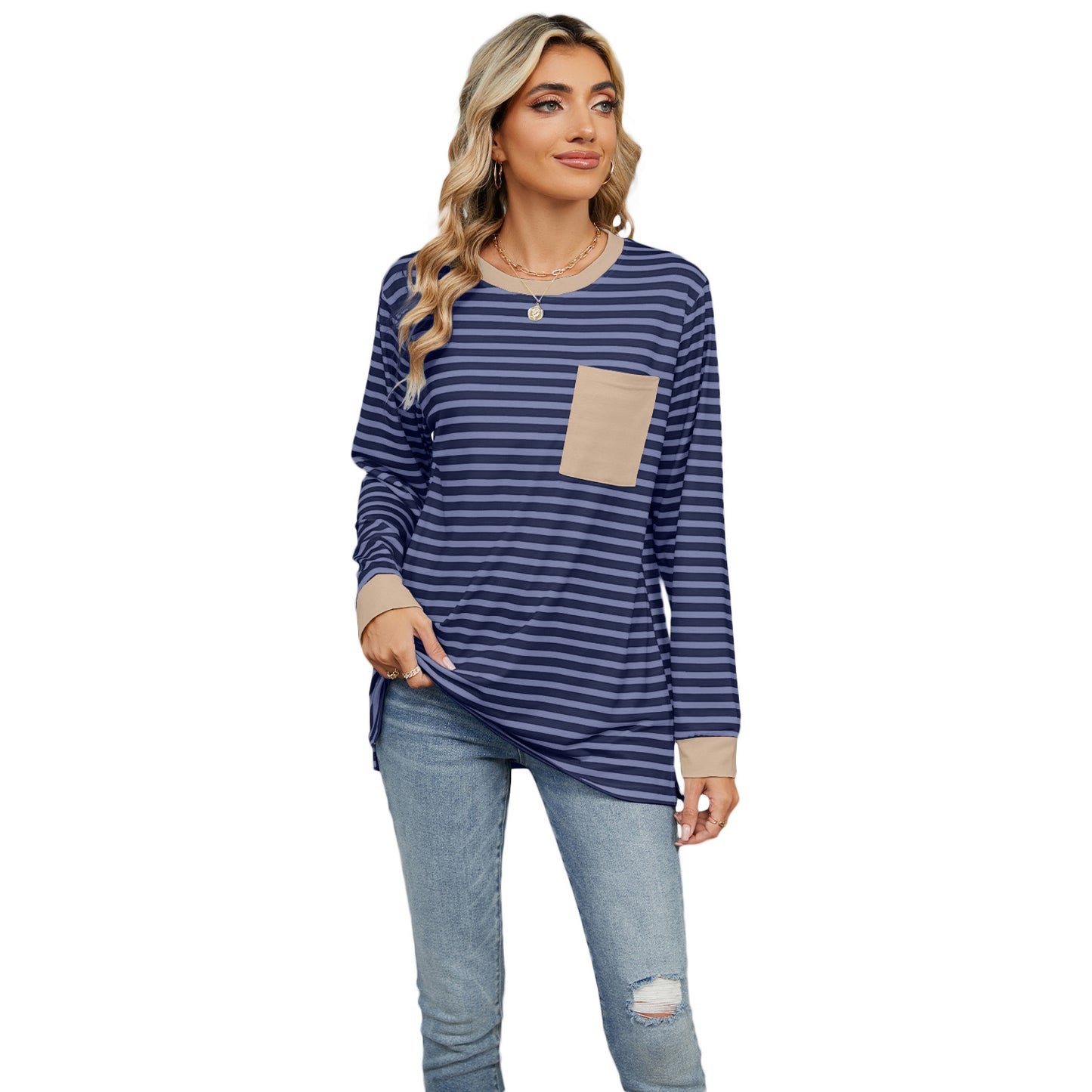Women's Round Neck Pocket Split Upper Clothes
