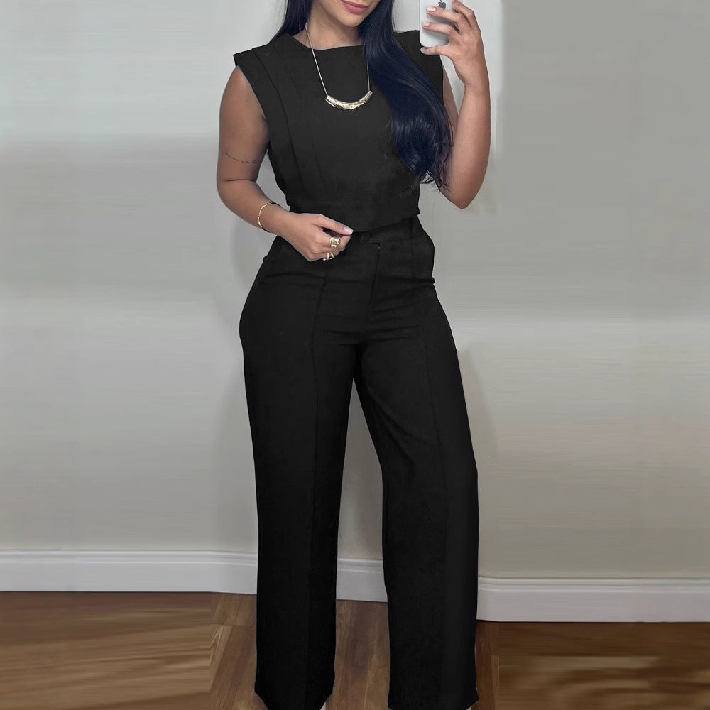 Summer Sleeveless Suit Fashion Round Neck Vest Top And Pocket