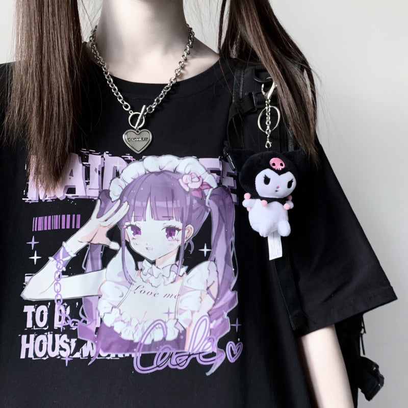 Anime Print White Short Sleeve T-Shirt Women