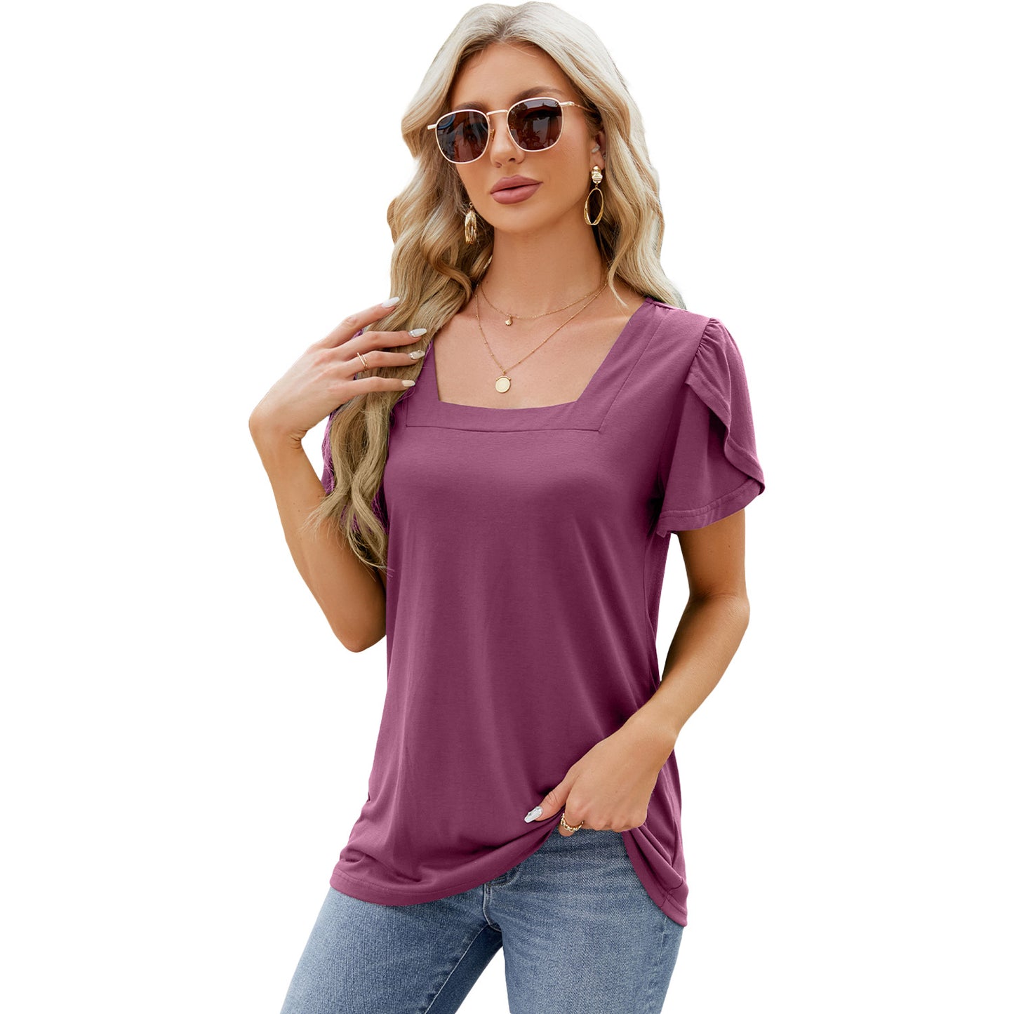 Summer Top Fashion Square Neck Printed Short-sleeved T-shirt
