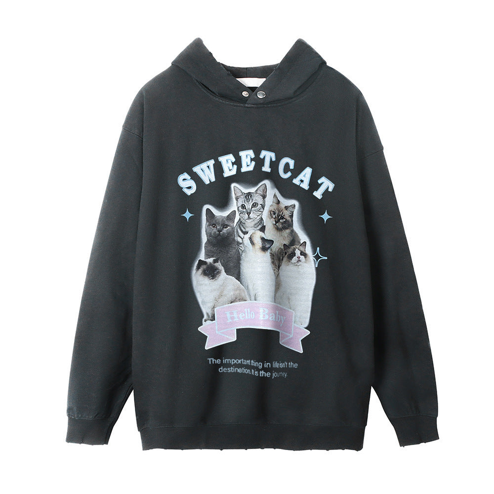 Cat Printing Distressed Hooded Sweater For Men