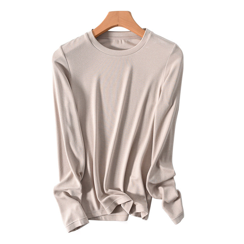 Women's Wool Slim Round Neck Half High Neck Long Sleeve T-shirt