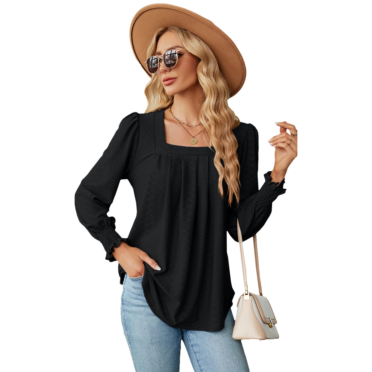 New Jacquard Pleated Square Neck T-shirt Fashion