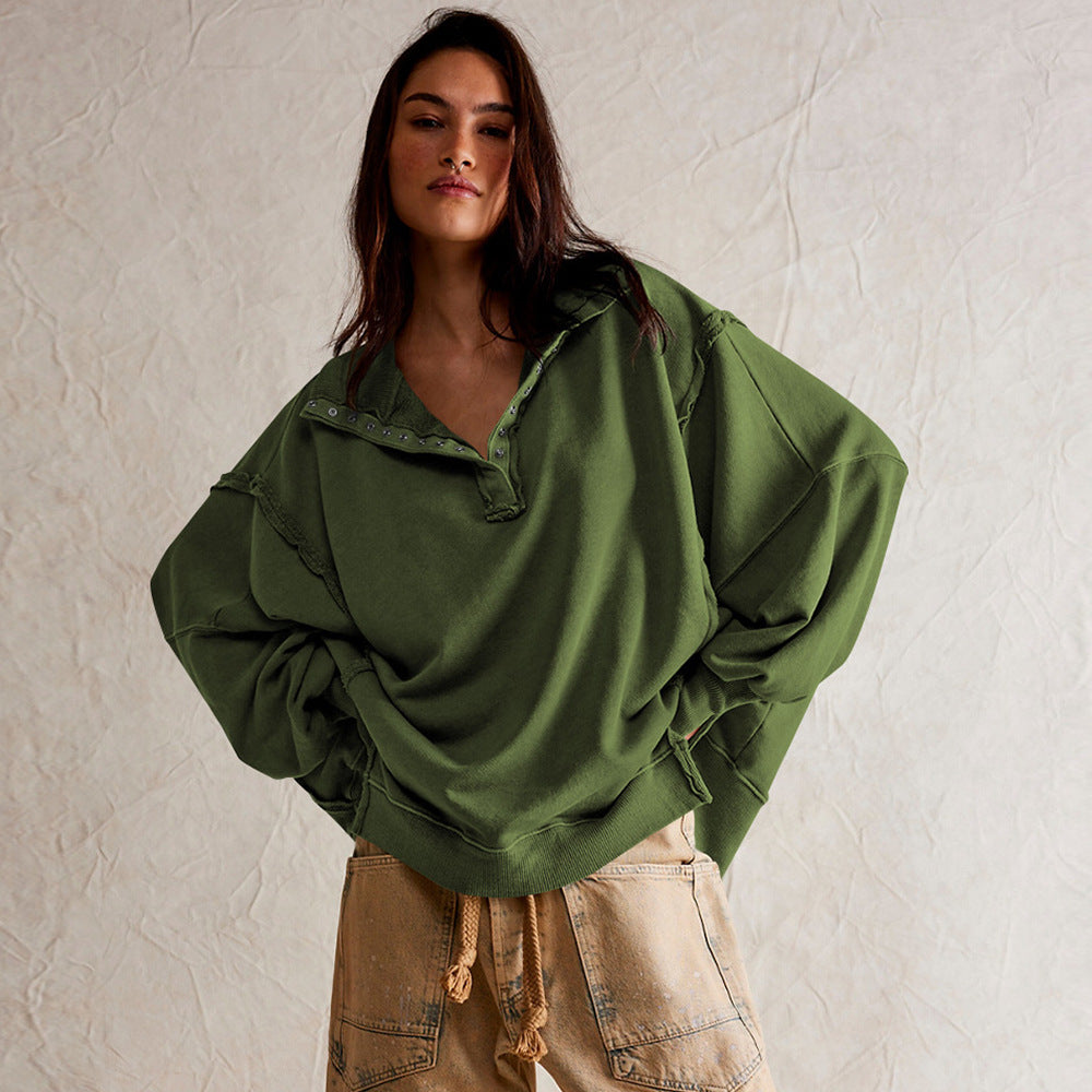 Fashion Button Lapel Sweatshirt With Slit Design Casual Sports