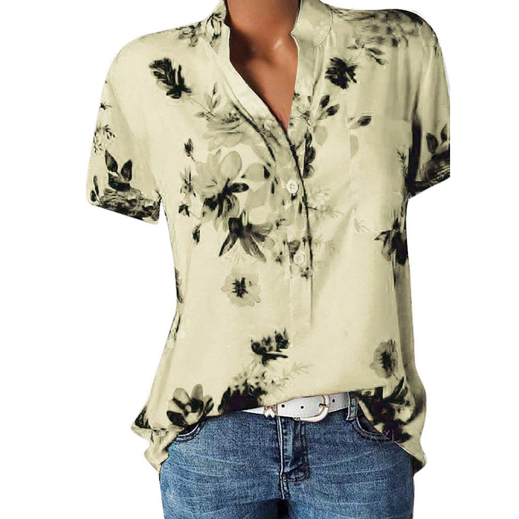 Fashion Flower Printed Tops V-neck Short Sleeve Shirt