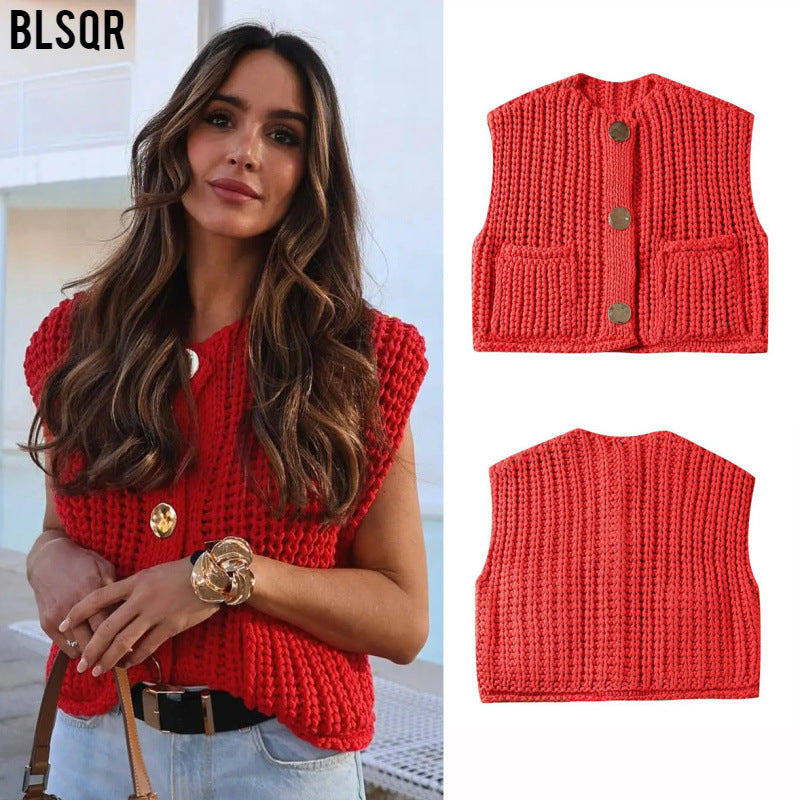 Women's Pocket Sleeveless Short Knitted Cardigan Vest Shirt