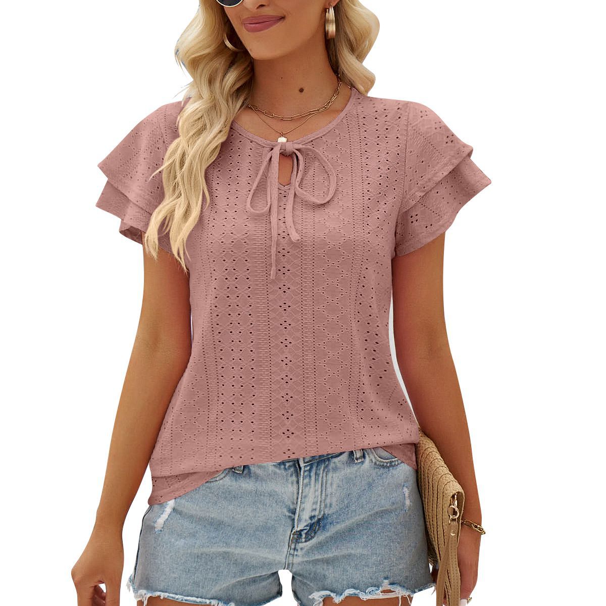 Women's Hole Hollow-out Lace-up Double-layer Sleeve Top