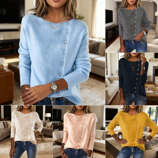 Elegant Round Neck Long Sleeve Button Sweater