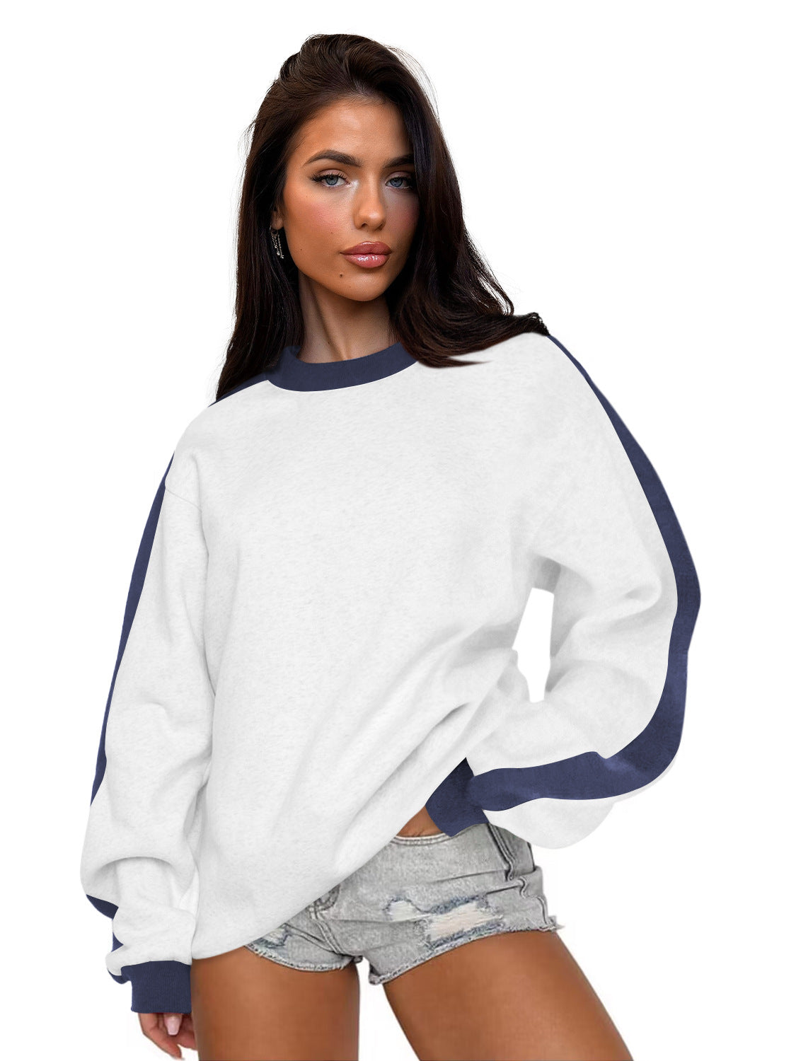 Women's Contrast Color Round Neck Loose Sweater