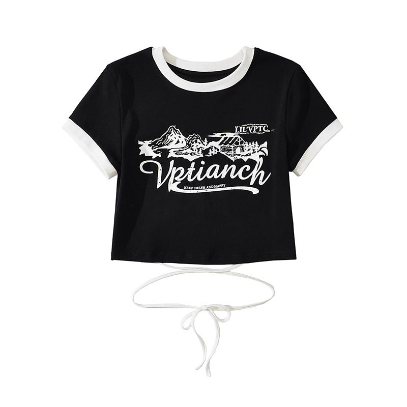 Women Print Front Contrast Trims Crop T-shirt With Lace Up Back Detail