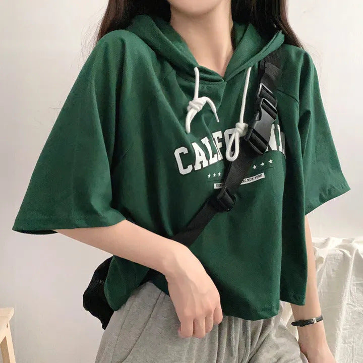 Casual Letter Hooded Short Sleeve Loose Half-sleeved T-shirt Top