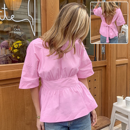 Summer Backless Short Sleeve T-shirt With Back-tied Design