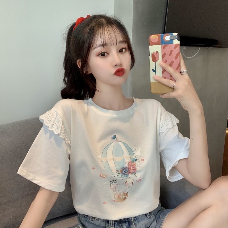 Summer Korean New Lace Stitching Niche Ins Shirt Short-sleeved Women