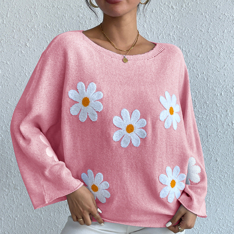 New Loose Bat Sleeve Sweater For Women Tops Embroidered