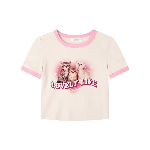 Lovely Cartoon Print Crop T-shirts Female Y2k Tops