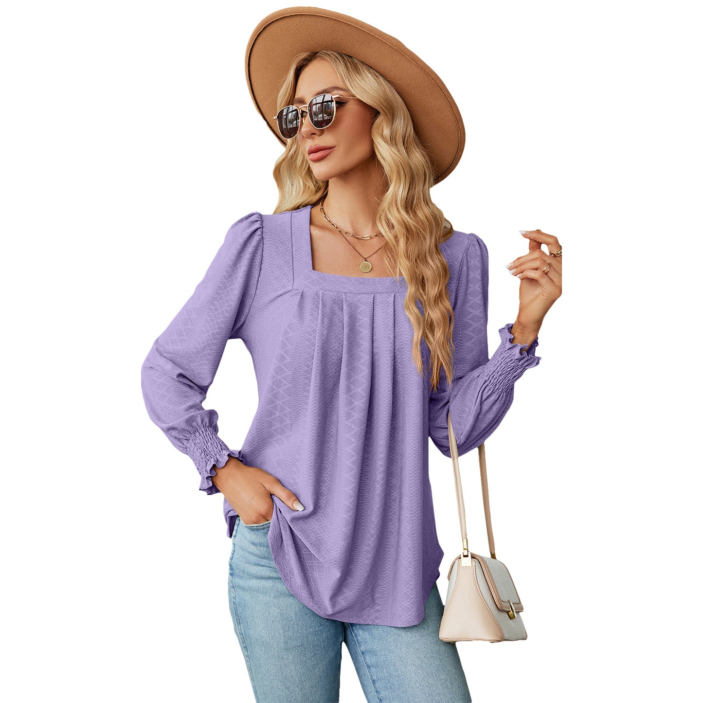 New Jacquard Pleated Square Neck T-shirt Fashion