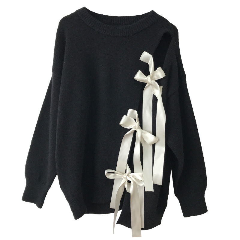 Ladies Bowknot Round Neck Pullover Long Sleeve Loose