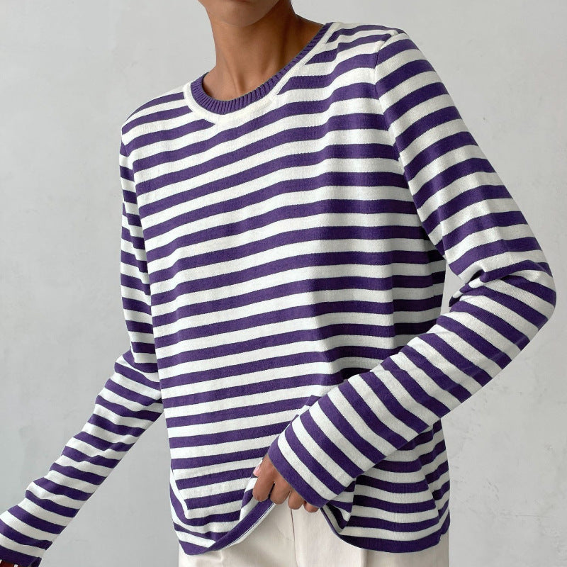 New Knitted Striped Long Sleeved Sweater Versatile Pullover