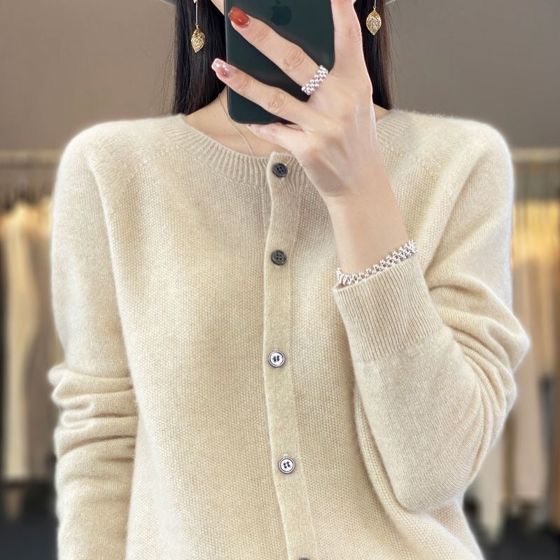 Fashion Merino Wool Cardigan Sweater Women O-Neck